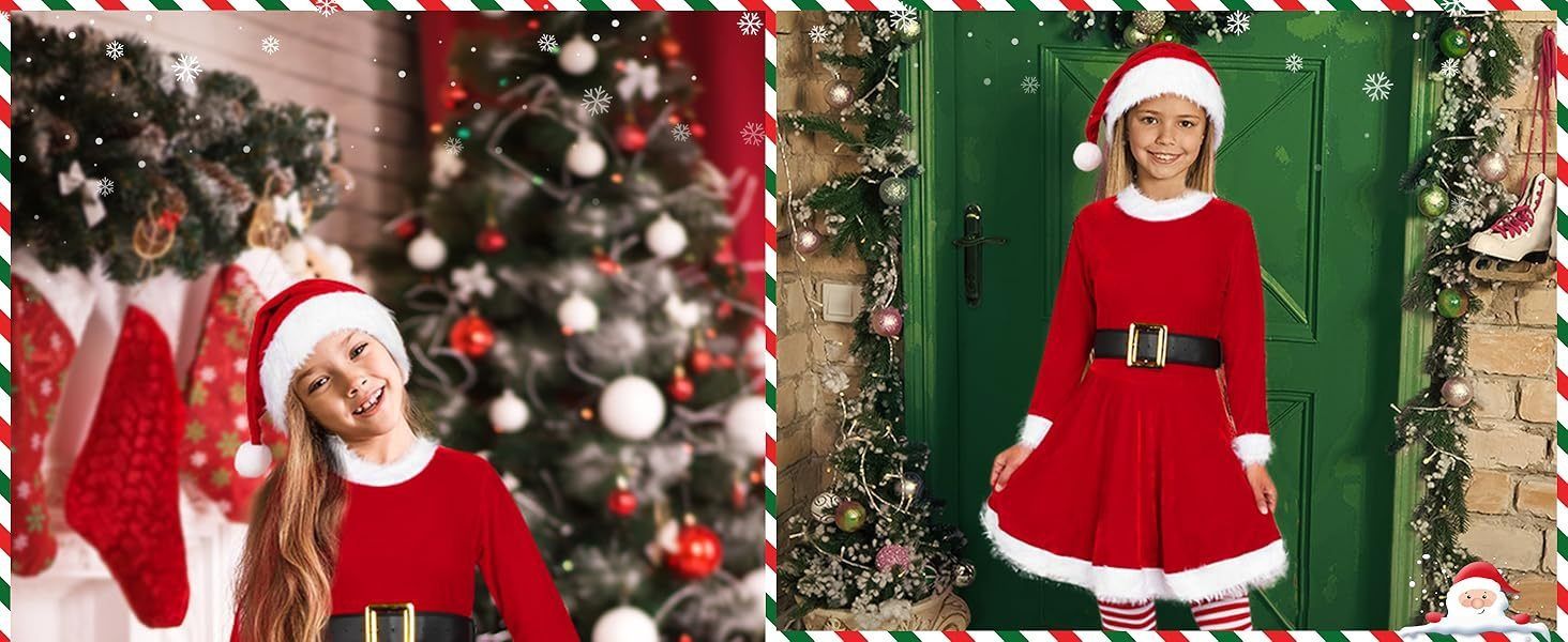 African European American 2025 New Christmas Clothing Santa Claus Girl Dress for Children Mrs. Claus Costume Stage Wear Christmas Tree Dress Long-sleeved Dress Christmas Stage Performance Clothing