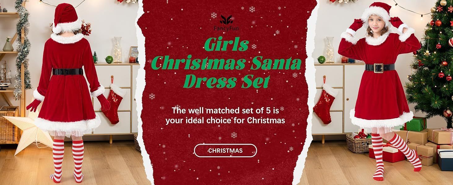 African European American 2025 New Christmas Clothing Santa Claus Girl Dress for Children Mrs. Claus Costume Stage Wear Christmas Tree Dress Long-sleeved Dress Christmas Stage Performance Clothing