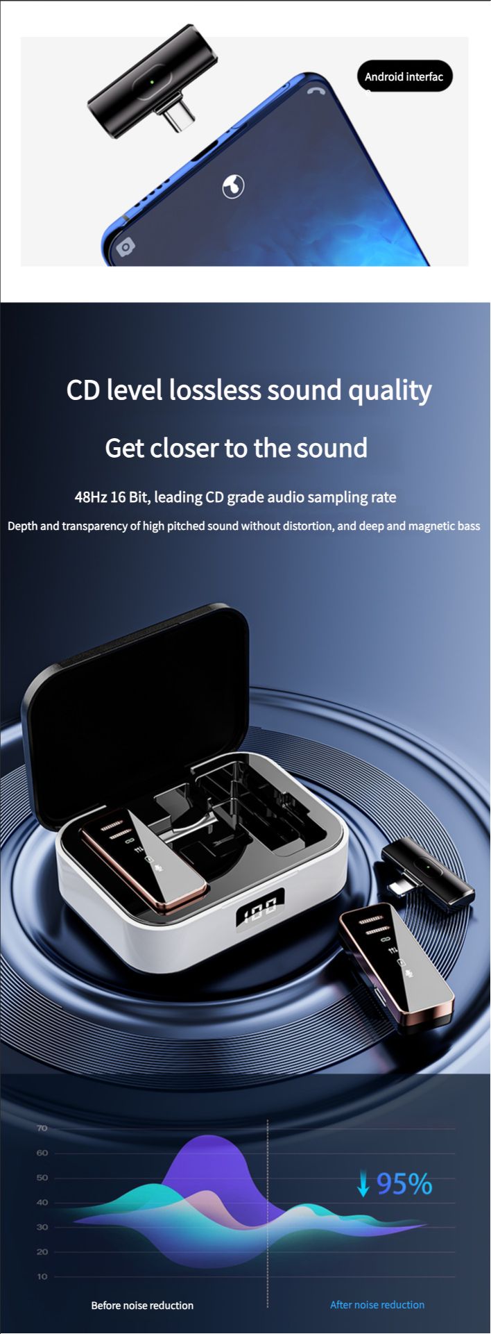 Microphone Wireless Mobile Live Broadcast Denoise Microphone with Charging Compartment Collar Clip Microphones Mini Portable Microphone