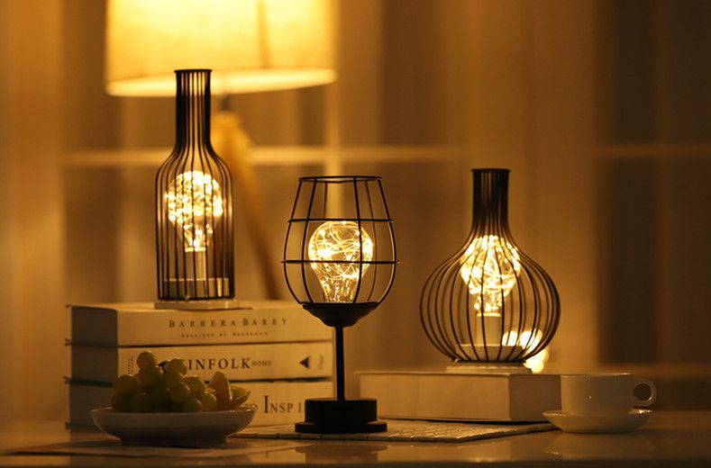 Lighting Decorative Light Decor Light Led Decoration Night Light Bedside Lamp Light Nordic Lights Iron Decorative Lamp Indoor Ornament Design Red Wine Glass Copper Wire Lamp Christmas Nightlight
