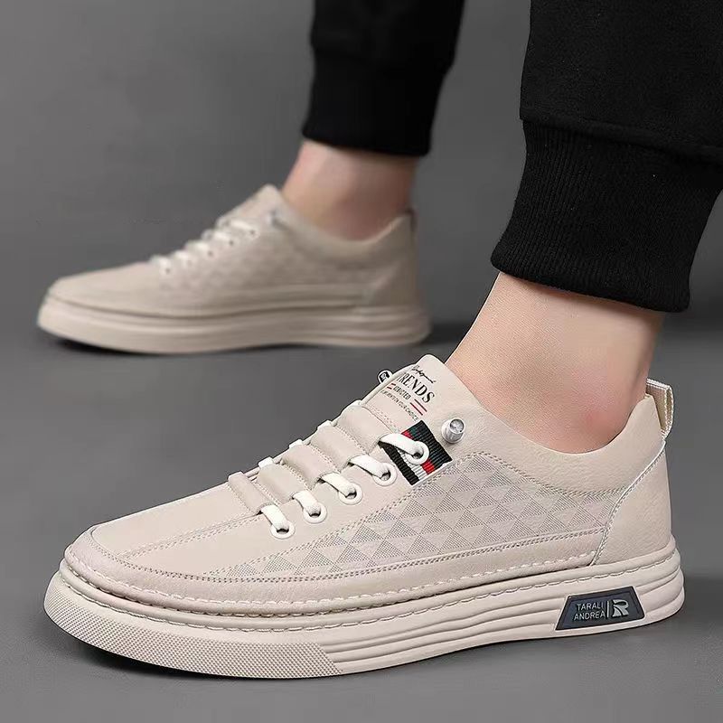 Skateboarding Shoe Men's Summer Breathable Thin Soft Leather White Shoes Men's Trend Versatile Casual Sports Board Shoes