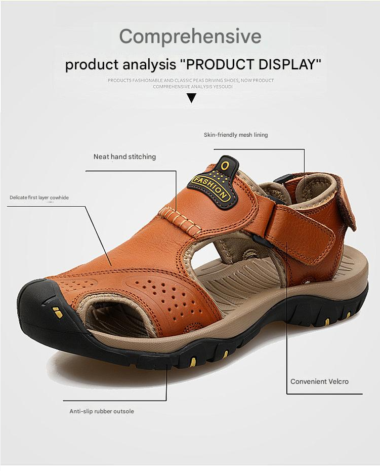 Sandal Men Sandal Shoe Summer Men's Shoes Sandals Beach Shoes Slip on Genuine Leather Cowhide Surface Outdoor Leisure Hiking Shoes for Men