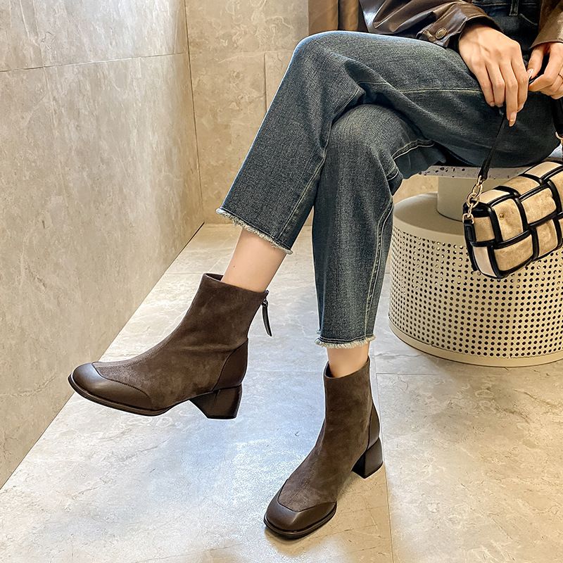 Boot Woman Shoe Boot Shoe Lady Booty Short Woman French Square Toe Boots Women's Spring Autumn New Fashion Style Splicing Suede Retro Thick Heel Soft Bottom Short Boots