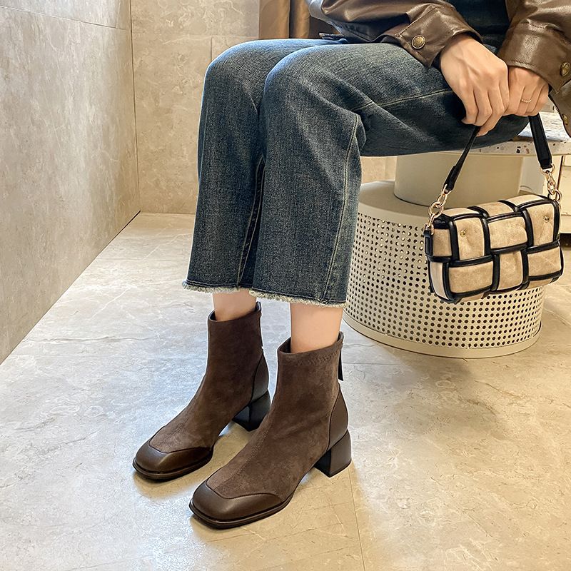 Boot Woman Shoe Boot Shoe Lady Booty Short Woman French Square Toe Boots Women's Spring Autumn New Fashion Style Splicing Suede Retro Thick Heel Soft Bottom Short Boots