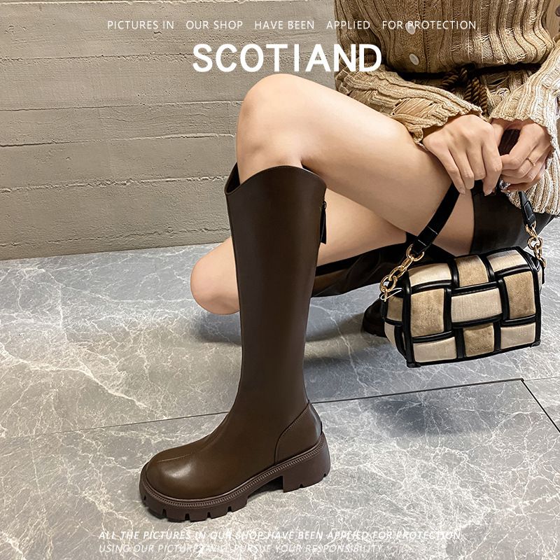 Boot Woman Shoe Boot Shoe Lady V-Neck Boots Knee-High Knight Boots Women's Autumn Winter New Style Slim Round Toe Thick Soled High Top Versatile Boots