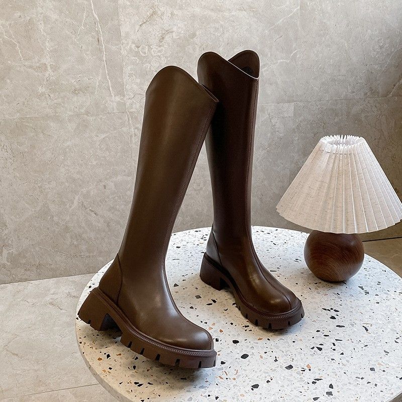 Boot Woman Shoe Boot Shoe Lady V-Neck Boots Knee-High Knight Boots Women's Autumn Winter New Style Slim Round Toe Thick Soled High Top Versatile Boots