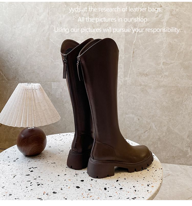 Boot Woman Shoe Boot Shoe Lady V-Neck Boots Knee-High Knight Boots Women's Autumn Winter New Style Slim Round Toe Thick Soled High Top Versatile Boots