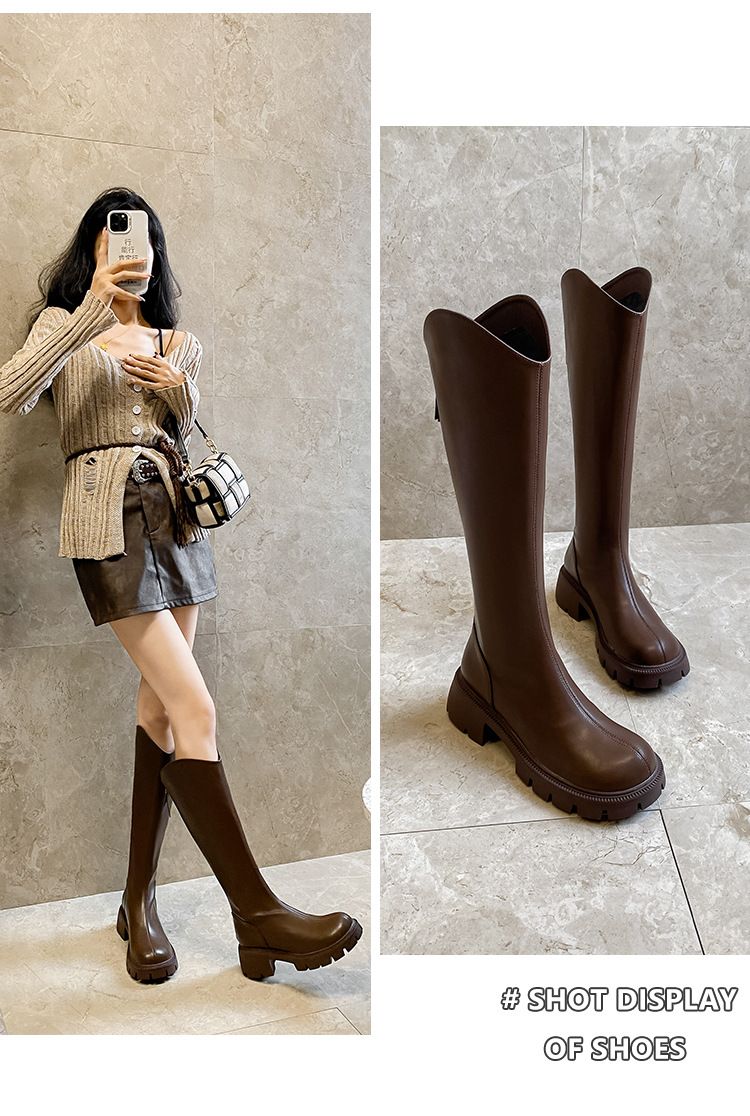 Boot Woman Shoe Boot Shoe Lady V-Neck Boots Knee-High Knight Boots Women's Autumn Winter New Style Slim Round Toe Thick Soled High Top Versatile Boots