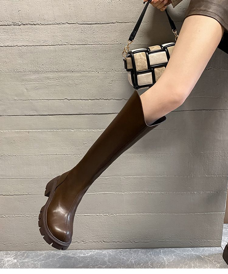 Boot Woman Shoe Boot Shoe Lady V-Neck Boots Knee-High Knight Boots Women's Autumn Winter New Style Slim Round Toe Thick Soled High Top Versatile Boots