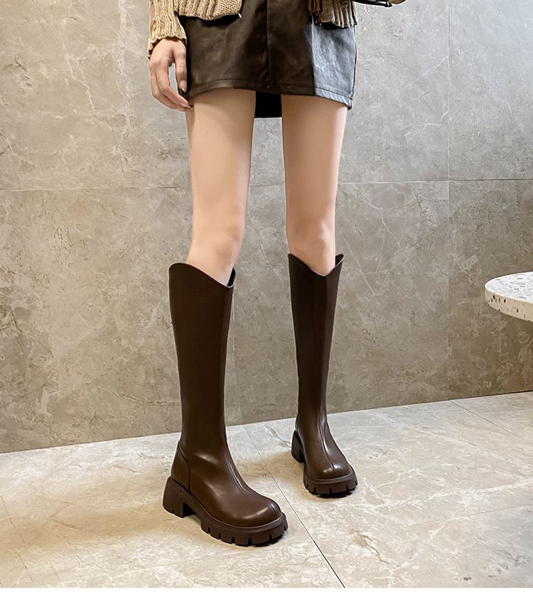 Boot Woman Shoe Boot Shoe Lady V-Neck Boots Knee-High Knight Boots Women's Autumn Winter New Style Slim Round Toe Thick Soled High Top Versatile Boots