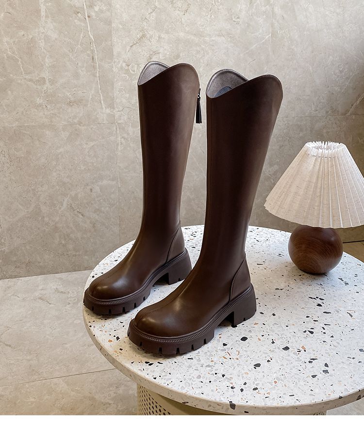 Boot Woman Shoe Boot Shoe Lady V-Neck Boots Knee-High Knight Boots Women's Autumn Winter New Style Slim Round Toe Thick Soled High Top Versatile Boots