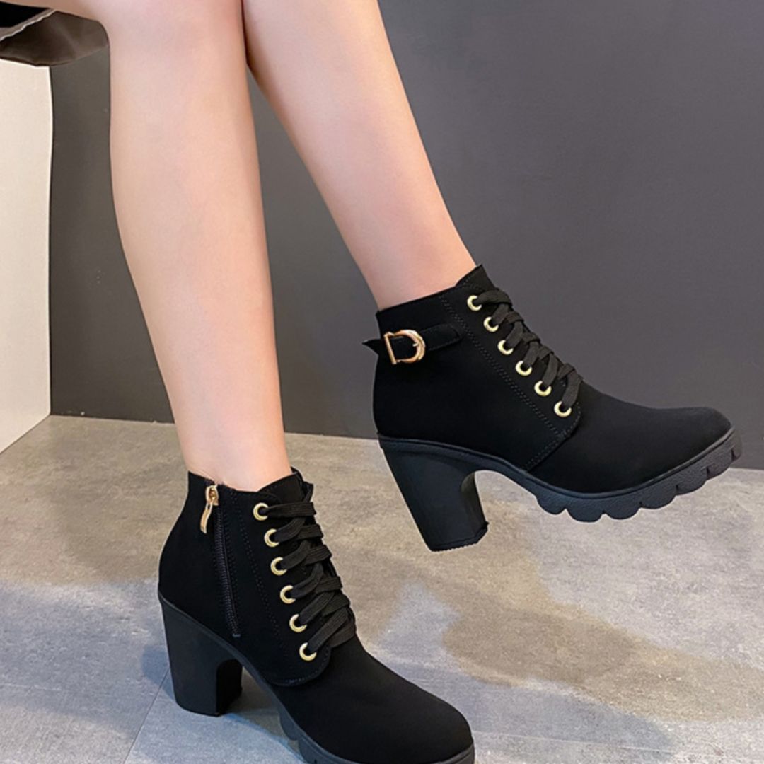 Boot Woman Shoe Boot Shoe Lady Booty Short Woman Autumn High-Heeled Single Boots Belt Buckle Women's Shoes Thick Short Boots Round Toe Martin Boots Female Lace up Ankle Boots Knight Boots