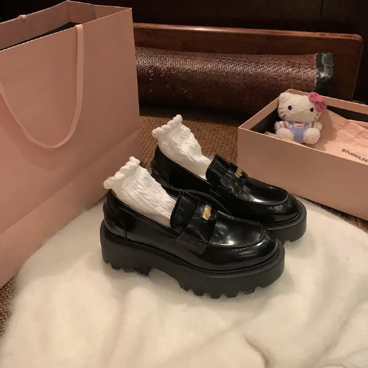 Loafer Shoe Woman Cowhide Temperament Little Gold Coin Round Toe Slip on Loafer Women's Thick Soled Leather Shoes