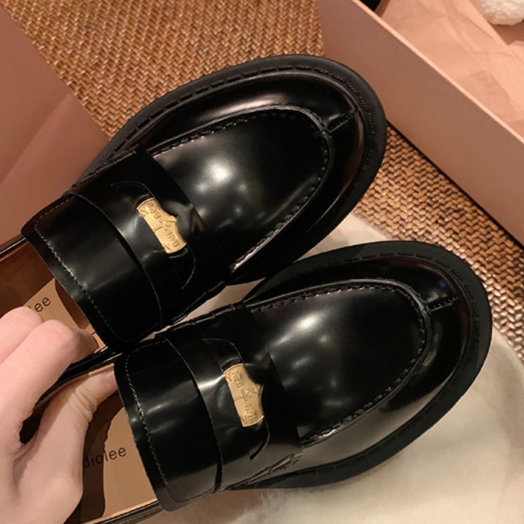 Loafer Shoe Woman Cowhide Temperament Little Gold Coin Round Toe Slip on Loafer Women's Thick Soled Leather Shoes