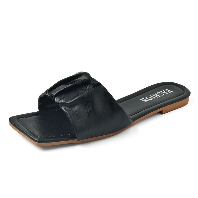 Slipper Lady Women Fanshionable Flat Heeled Slippers Women's New Summer Outerwear Fashion Wrinkle Sandals Square Toe Fairy Style Mules Clogs