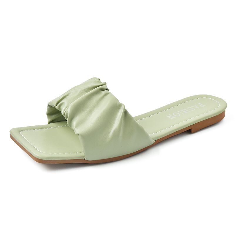 Slipper Lady Women Fanshionable Flat Heeled Slippers Women's New Summer Outerwear Fashion Wrinkle Sandals Square Toe Fairy Style Mules Clogs