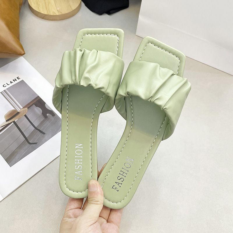 Slipper Lady Women Fanshionable Flat Heeled Slippers Women's New Summer Outerwear Fashion Wrinkle Sandals Square Toe Fairy Style Mules Clogs