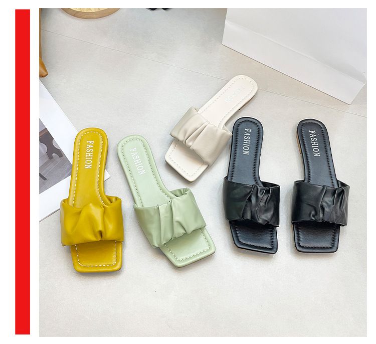 Slipper Lady Women Fanshionable Flat Heeled Slippers Women's New Summer Outerwear Fashion Wrinkle Sandals Square Toe Fairy Style Mules Clogs