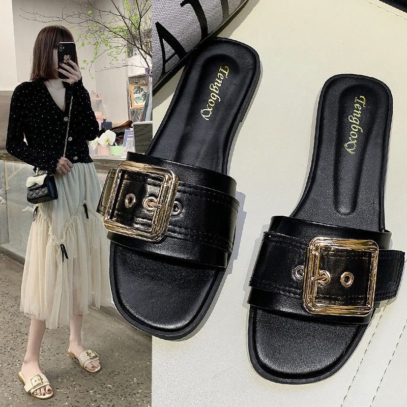 Slipper Lady Women Fanshionable Summer Slippers for Women Square Buckle Female Flat Cool Mules Clogs Casual Outerwear Student Sandal Trend