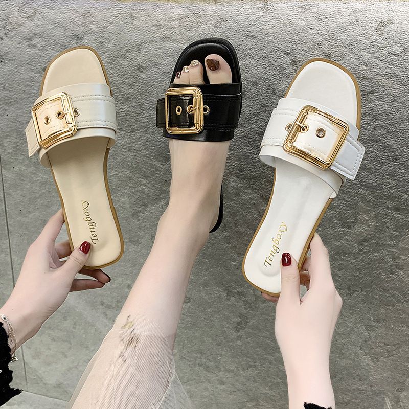 Slipper Lady Women Fanshionable Summer Slippers for Women Square Buckle Female Flat Cool Mules Clogs Casual Outerwear Student Sandal Trend