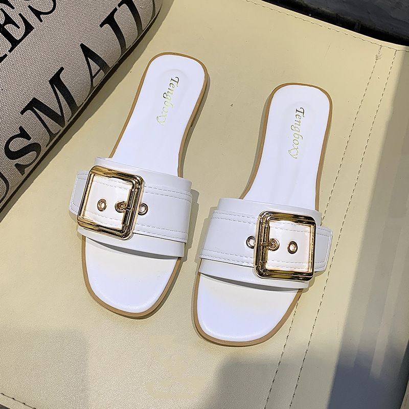 Slipper Lady Women Fanshionable Summer Slippers for Women Square Buckle Female Flat Cool Mules Clogs Casual Outerwear Student Sandal Trend