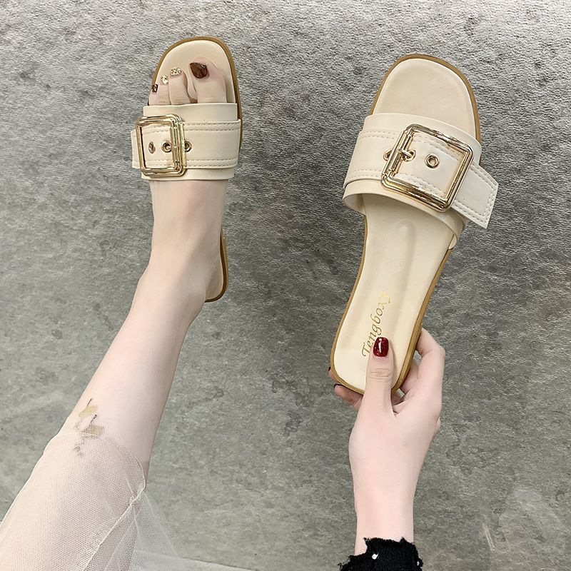 Slipper Lady Women Fanshionable Summer Slippers for Women Square Buckle Female Flat Cool Mules Clogs Casual Outerwear Student Sandal Trend