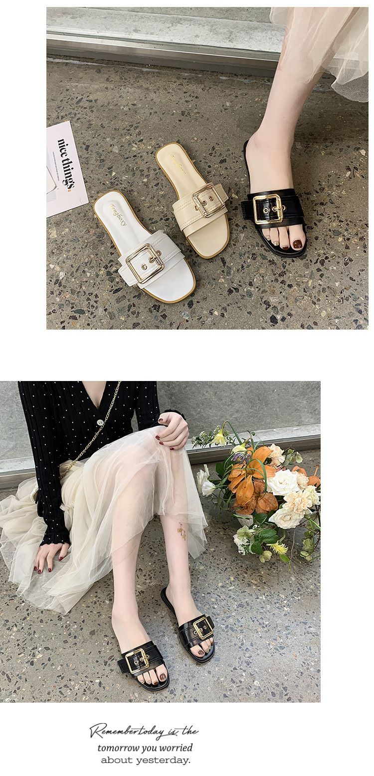 Slipper Lady Women Fanshionable Summer Slippers for Women Square Buckle Female Flat Cool Mules Clogs Casual Outerwear Student Sandal Trend