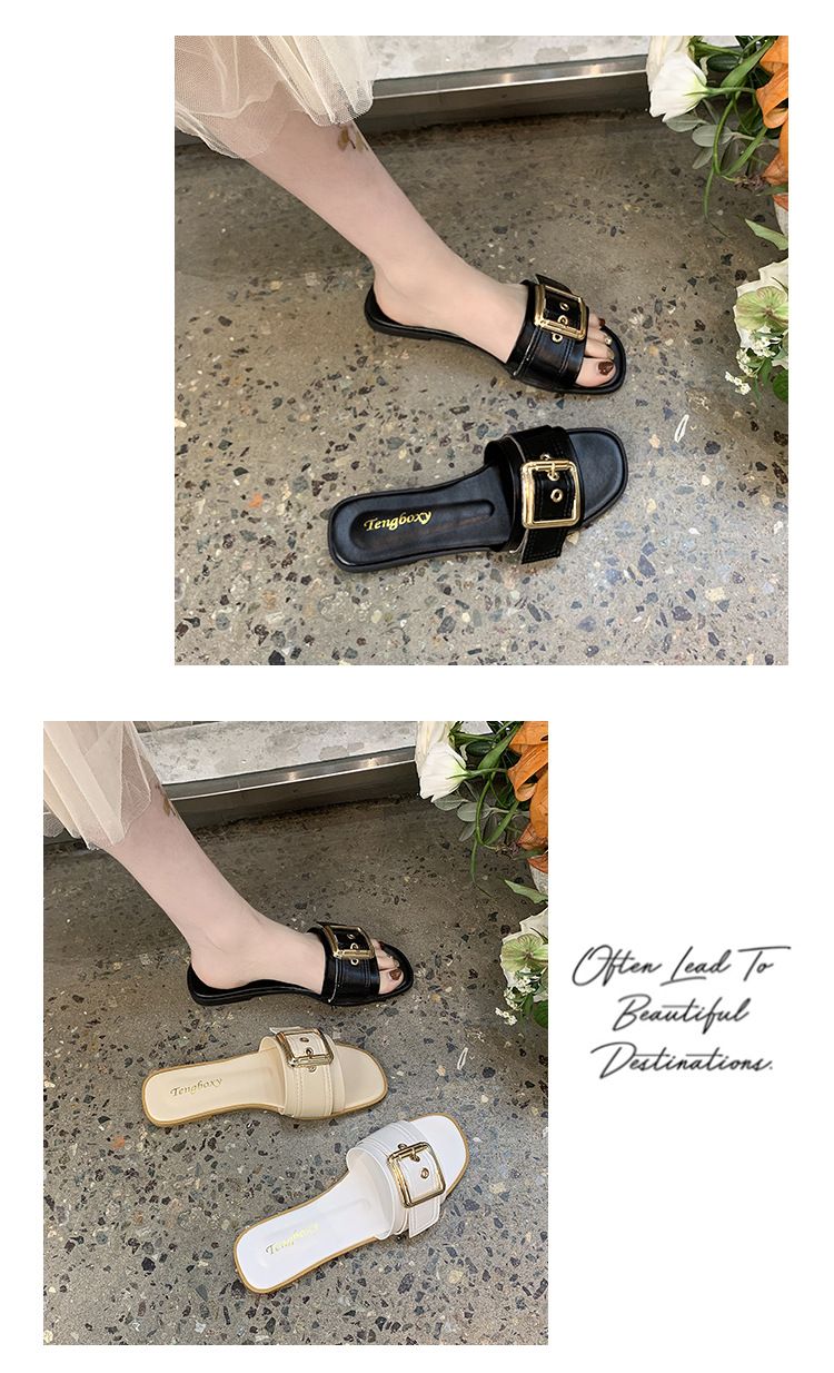 Slipper Lady Women Fanshionable Summer Slippers for Women Square Buckle Female Flat Cool Mules Clogs Casual Outerwear Student Sandal Trend