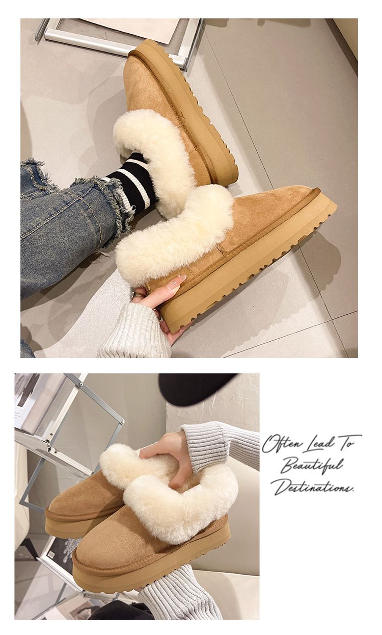 Snow Boots Women's Winter Thick Soled Round Toe Short Tube Slip on Bread Shoes Plush Cotton Shoes