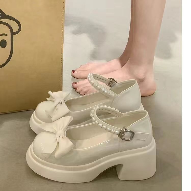 Leather Shoe Lady Oxford Shoe Mary Jane's Little Leather Shoes Female Thick Bottom Height Increase Spring New Sweet Bow Shallow Mouth Single Shoe One Character Buckle