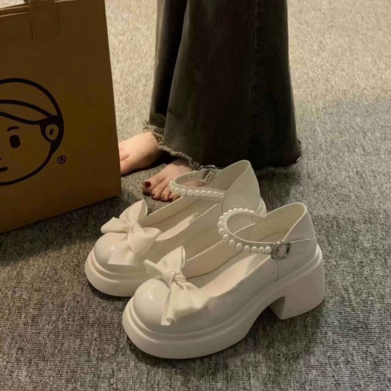 Leather Shoe Lady Oxford Shoe Mary Jane's Little Leather Shoes Female Thick Bottom Height Increase Spring New Sweet Bow Shallow Mouth Single Shoe One Character Buckle