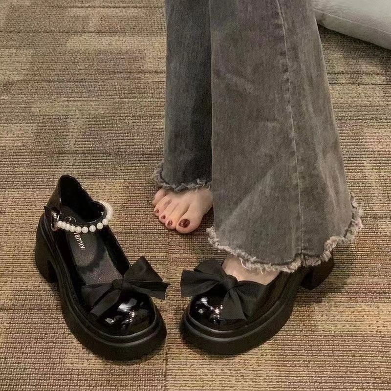 Leather Shoe Lady Oxford Shoe Mary Jane's Little Leather Shoes Female Thick Bottom Height Increase Spring New Sweet Bow Shallow Mouth Single Shoe One Character Buckle