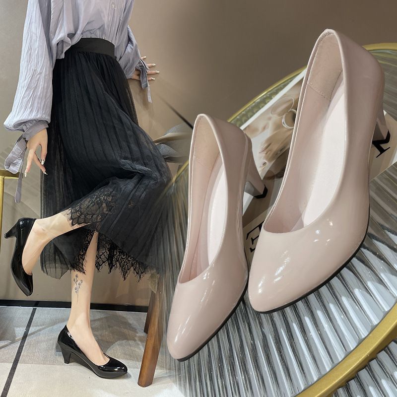 Leather Shoe Lady Oxford Shoe Large Size Single Shoe Women's New Pointed Toe Shallow Mouth Four Season Work Shoes Fashionable Chunky High-Heeled Women's Shoes