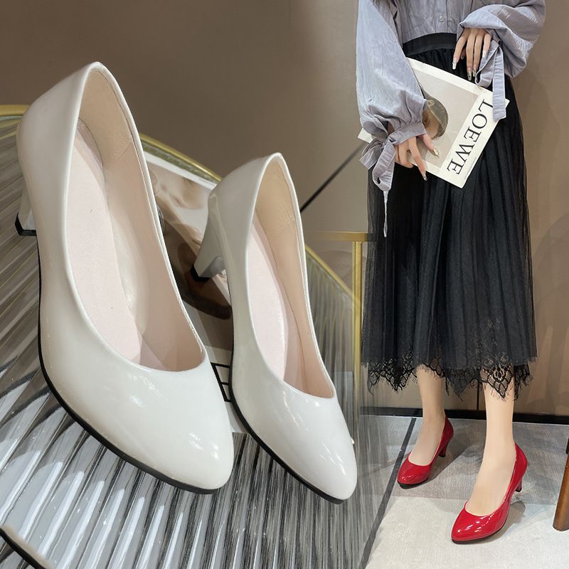 Leather Shoe Lady Oxford Shoe Large Size Single Shoe Women's New Pointed Toe Shallow Mouth Four Season Work Shoes Fashionable Chunky High-Heeled Women's Shoes