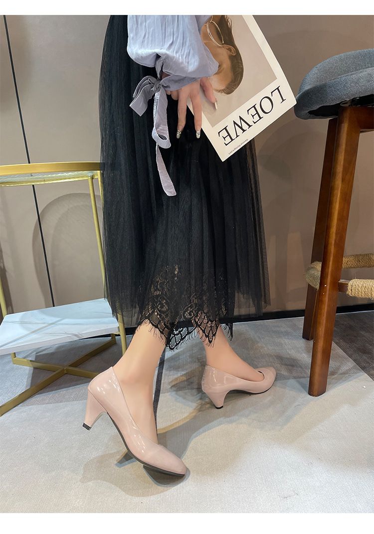Leather Shoe Lady Oxford Shoe Large Size Single Shoe Women's New Pointed Toe Shallow Mouth Four Season Work Shoes Fashionable Chunky High-Heeled Women's Shoes