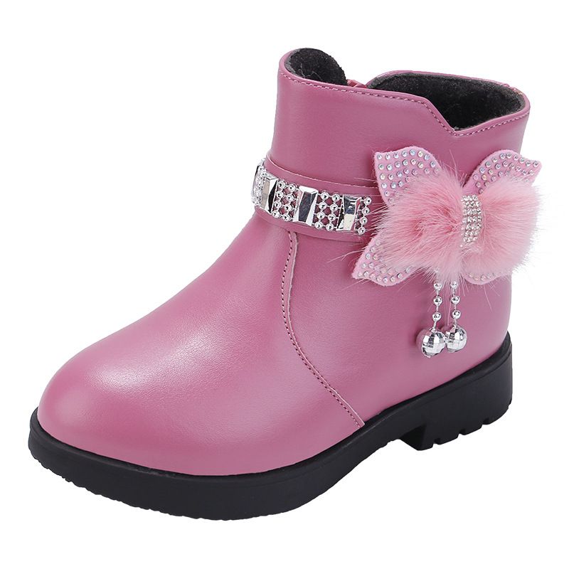Children's Girls' Mid Length Warm Leather Boots Baby Bow Cute Cotton Shoes Plush Winter New Student Boots