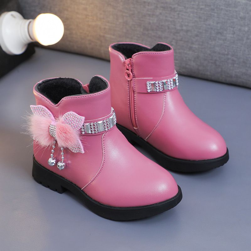 Children's Girls' Mid Length Warm Leather Boots Baby Bow Cute Cotton Shoes Plush Winter New Student Boots