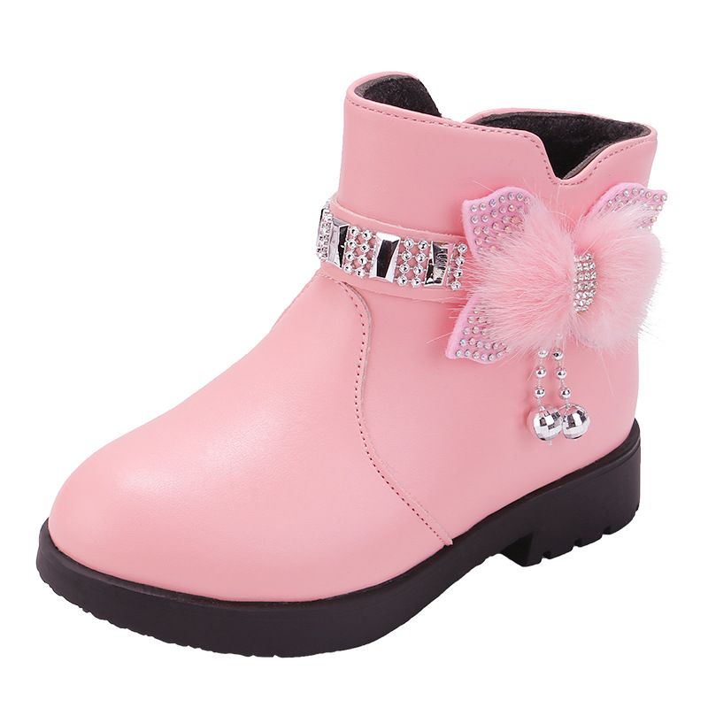Children's Girls' Mid Length Warm Leather Boots Baby Bow Cute Cotton Shoes Plush Winter New Student Boots