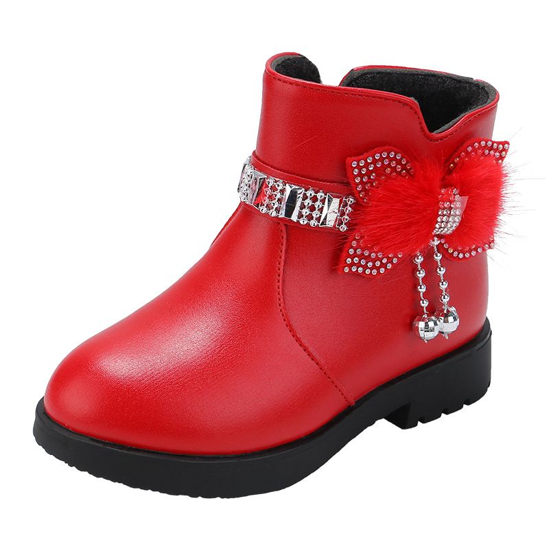 Children's Girls' Mid Length Warm Leather Boots Baby Bow Cute Cotton Shoes Plush Winter New Student Boots