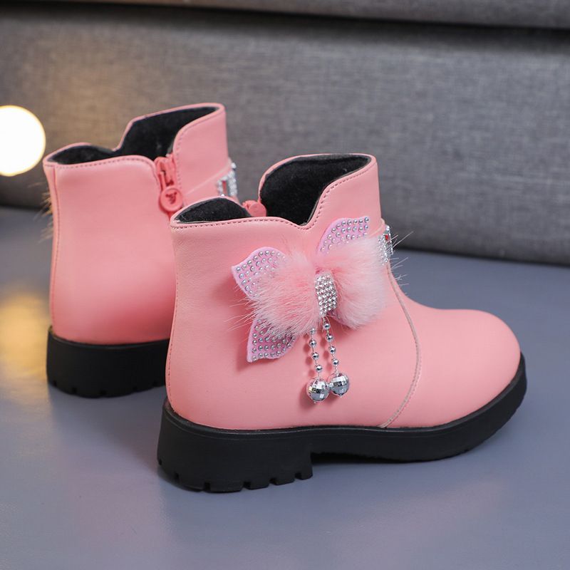 Children's Girls' Mid Length Warm Leather Boots Baby Bow Cute Cotton Shoes Plush Winter New Student Boots