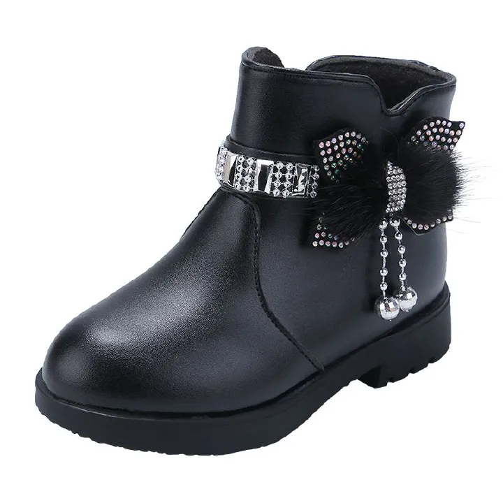 Children's Girls' Mid Length Warm Leather Boots Baby Bow Cute Cotton Shoes Plush Winter New Student Boots