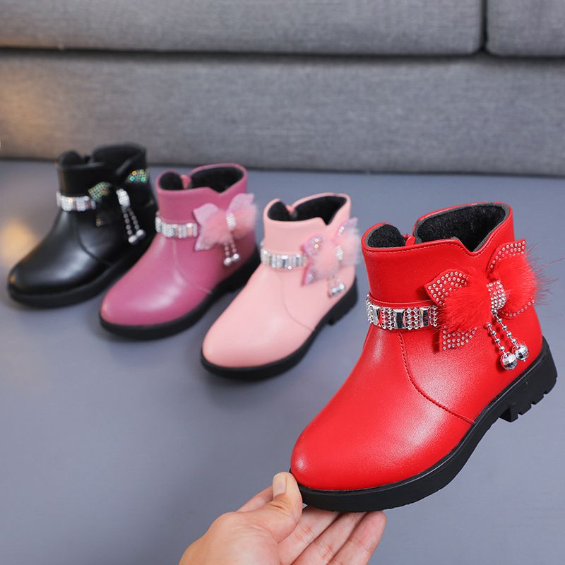 Children's Girls' Mid Length Warm Leather Boots Baby Bow Cute Cotton Shoes Plush Winter New Student Boots