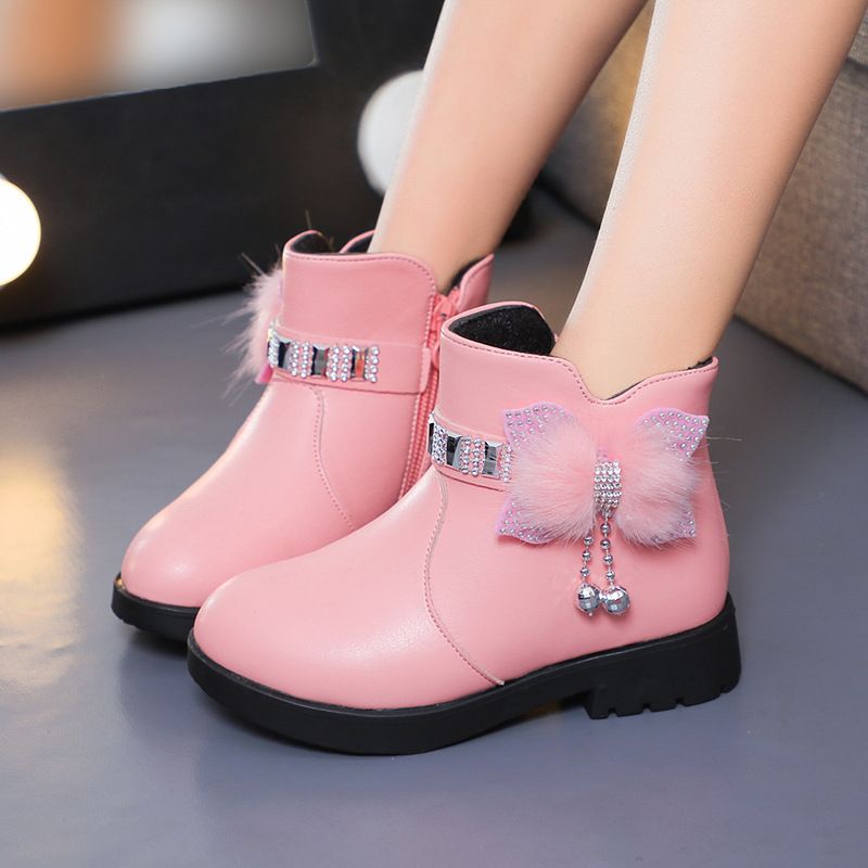 Children's Girls' Mid Length Warm Leather Boots Baby Bow Cute Cotton Shoes Plush Winter New Student Boots
