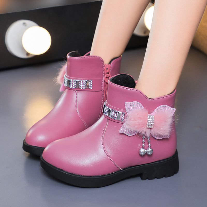Children's Girls' Mid Length Warm Leather Boots Baby Bow Cute Cotton Shoes Plush Winter New Student Boots