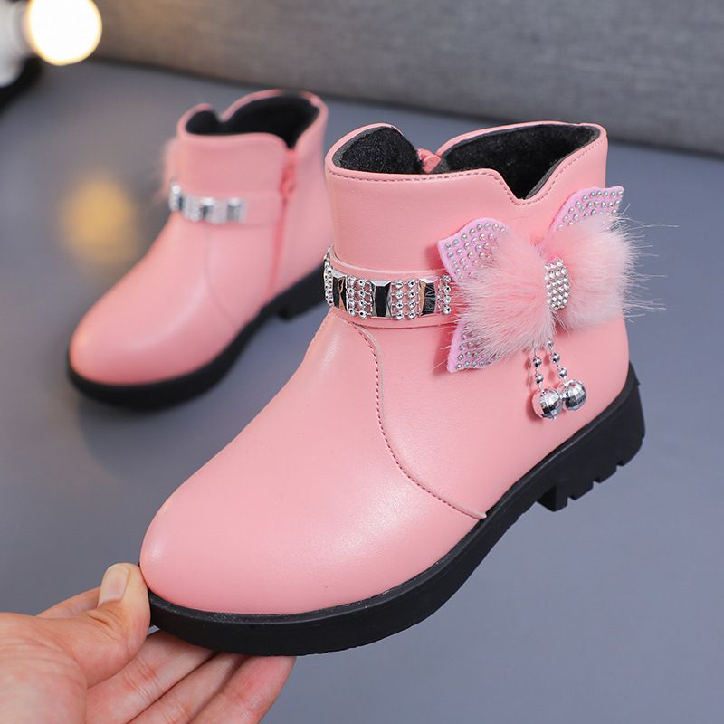 Children's Girls' Mid Length Warm Leather Boots Baby Bow Cute Cotton Shoes Plush Winter New Student Boots