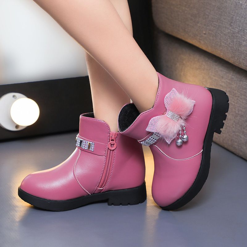 Children's Girls' Mid Length Warm Leather Boots Baby Bow Cute Cotton Shoes Plush Winter New Student Boots