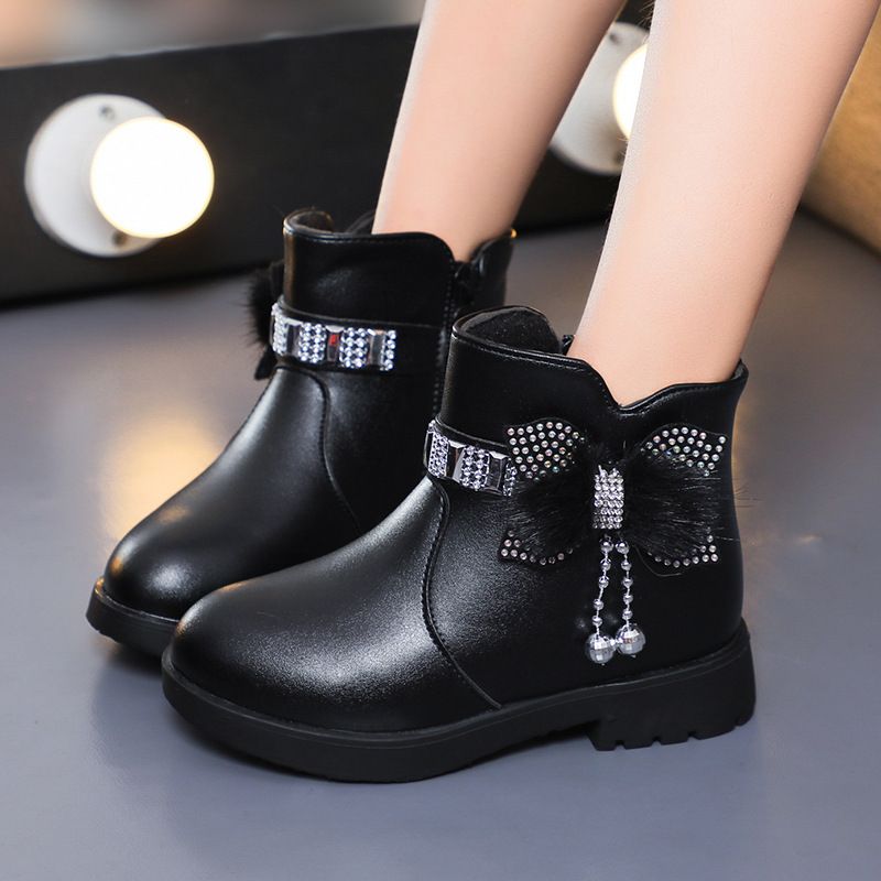Children's Girls' Mid Length Warm Leather Boots Baby Bow Cute Cotton Shoes Plush Winter New Student Boots