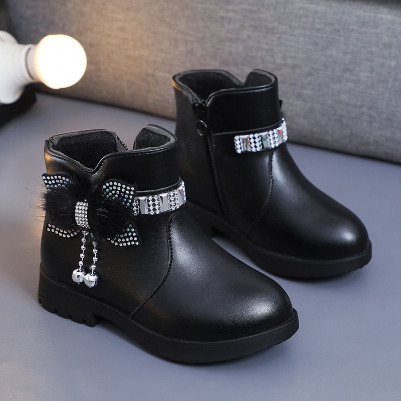 Children's Girls' Mid Length Warm Leather Boots Baby Bow Cute Cotton Shoes Plush Winter New Student Boots