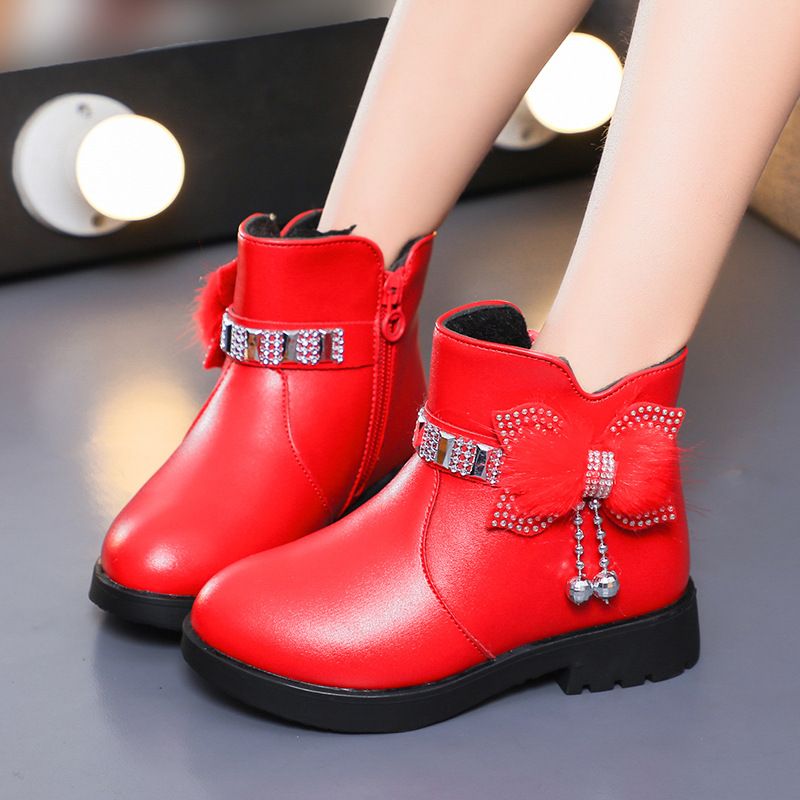 Children's Girls' Mid Length Warm Leather Boots Baby Bow Cute Cotton Shoes Plush Winter New Student Boots