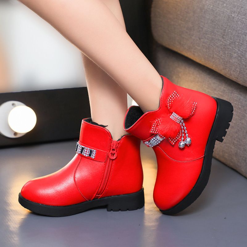 Children's Girls' Mid Length Warm Leather Boots Baby Bow Cute Cotton Shoes Plush Winter New Student Boots